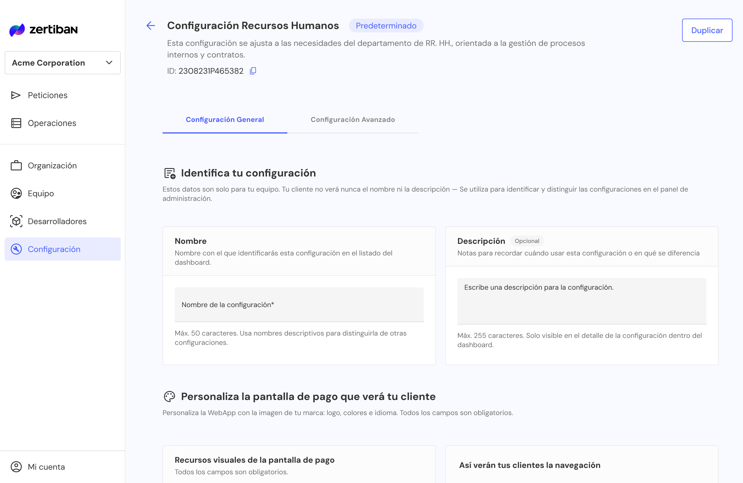 Vista de detalle con el configurationUuid visible