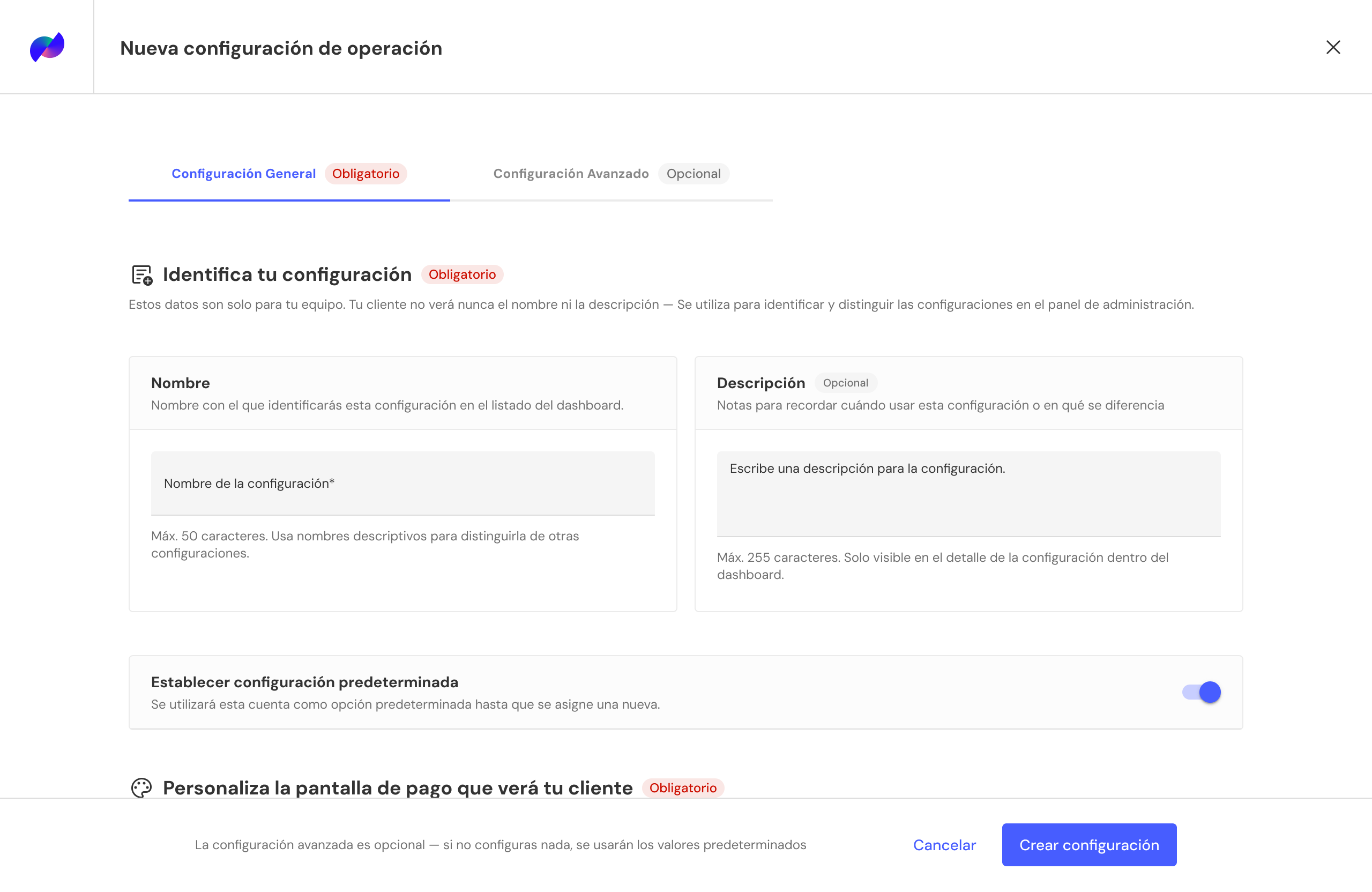 Formulario de Nueva configuración de operación