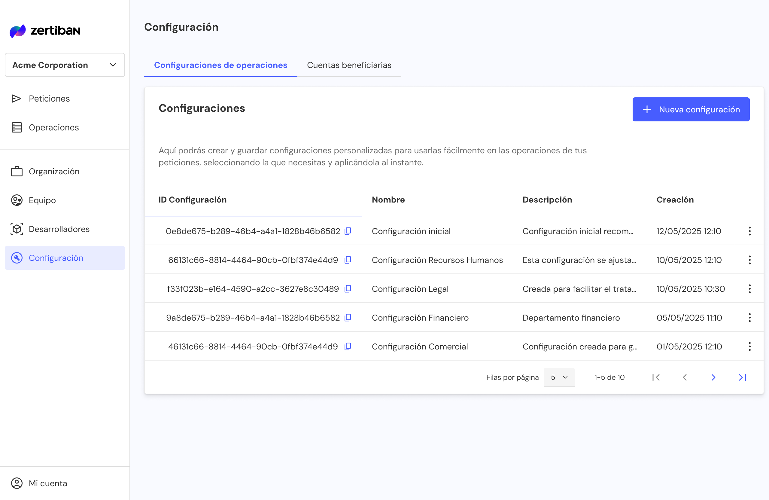 Listado de Configuraciones con el botón Nueva configuración