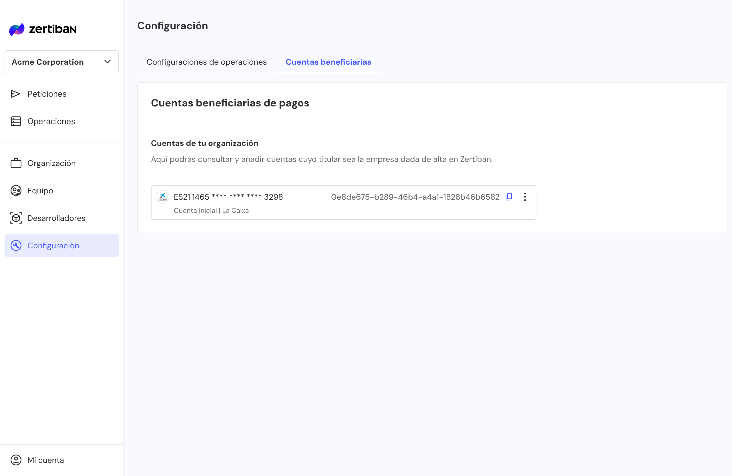 Listado de cuentas beneficiarias con sus creditorAccountUuid