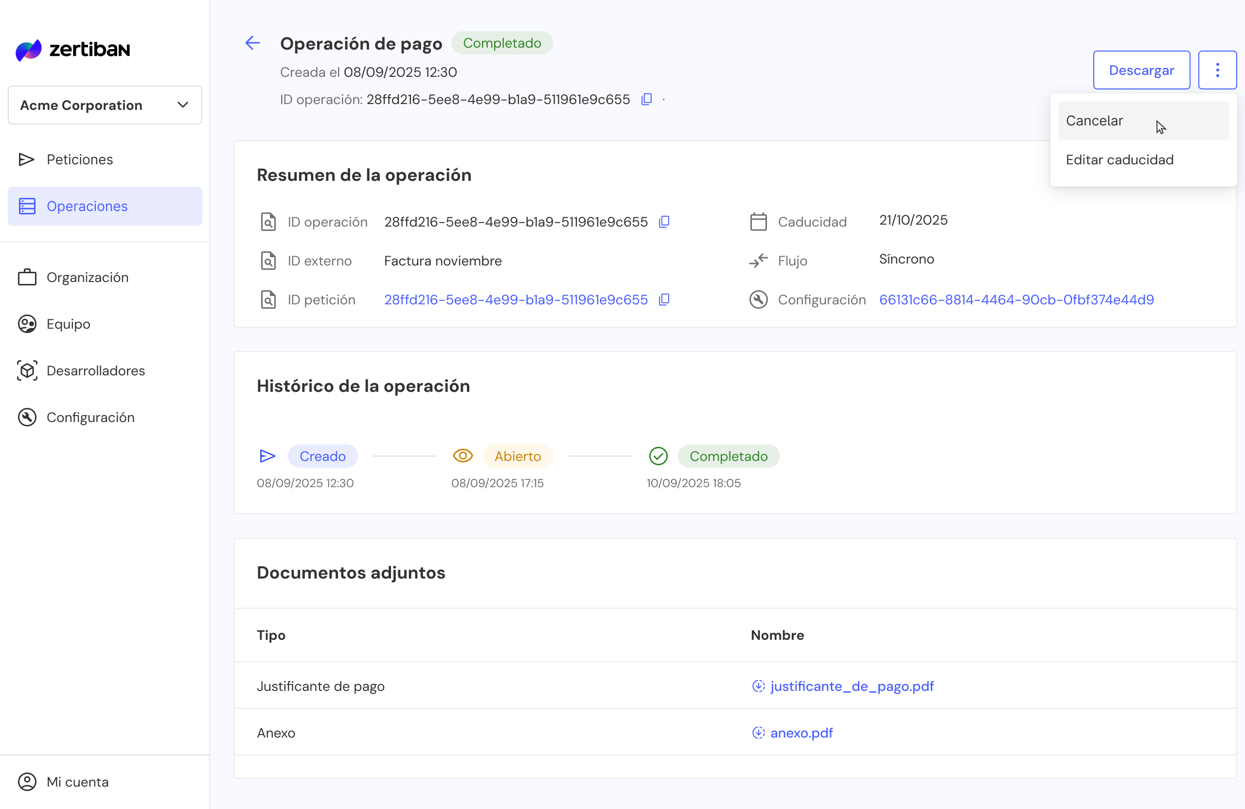 Vista de una operación con todos los detalles
