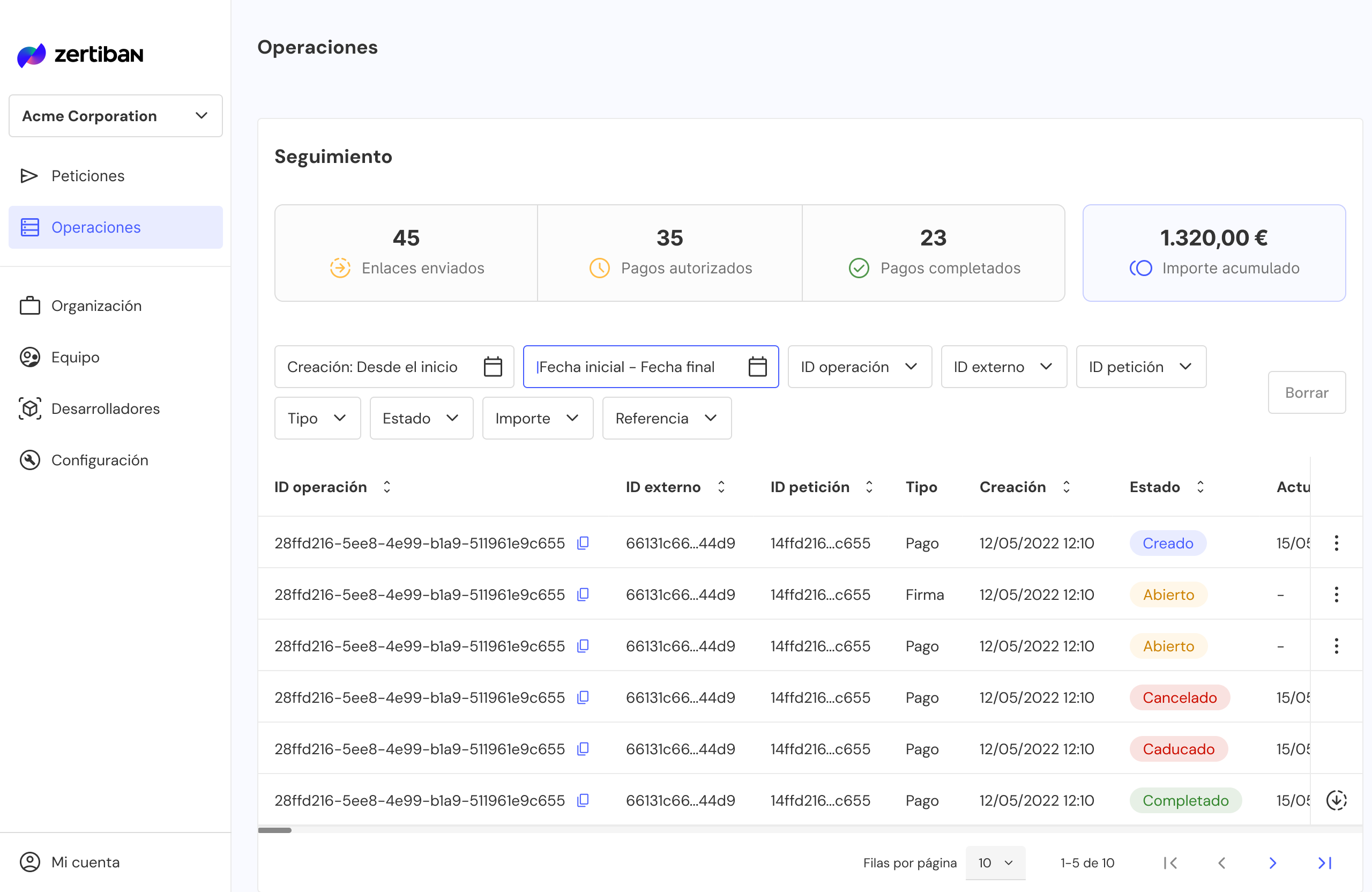 Listado de operaciones con filtros