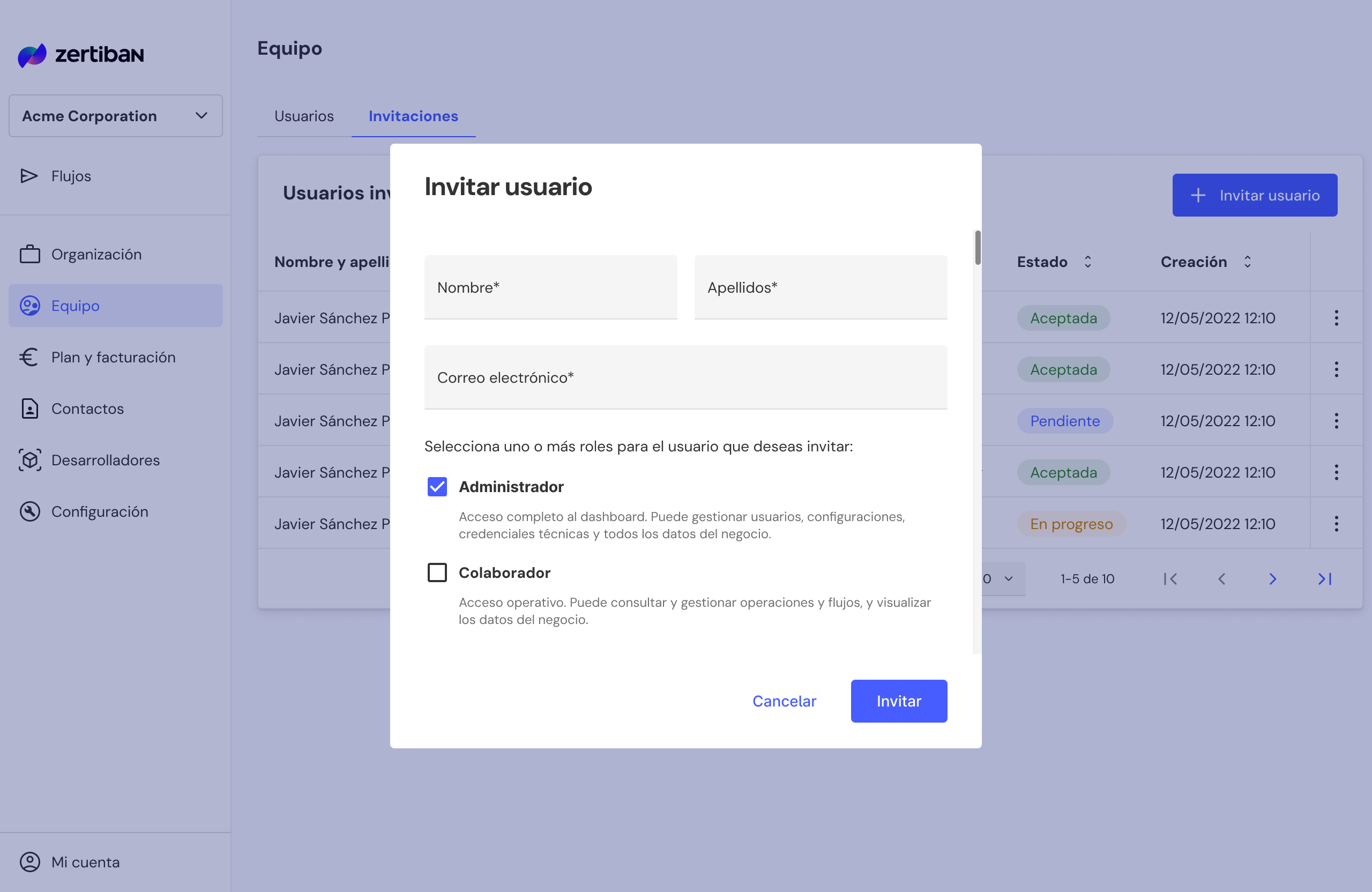 Modal de invitar usuario
