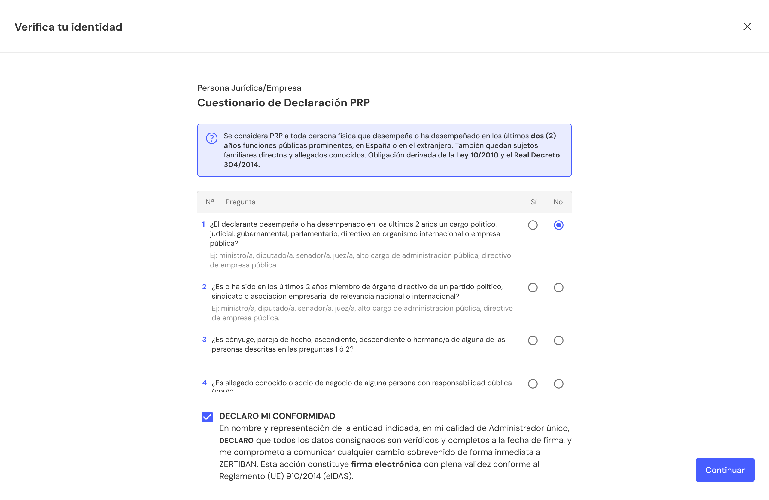 Cuestionario de declaración PRP